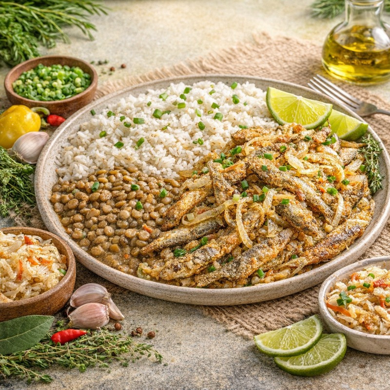 BALAOU FRIT À L’OIGNON – RIZ & LENTILLES BALAOU FRIT À L’OIGNON – RIZ & LENTILLES