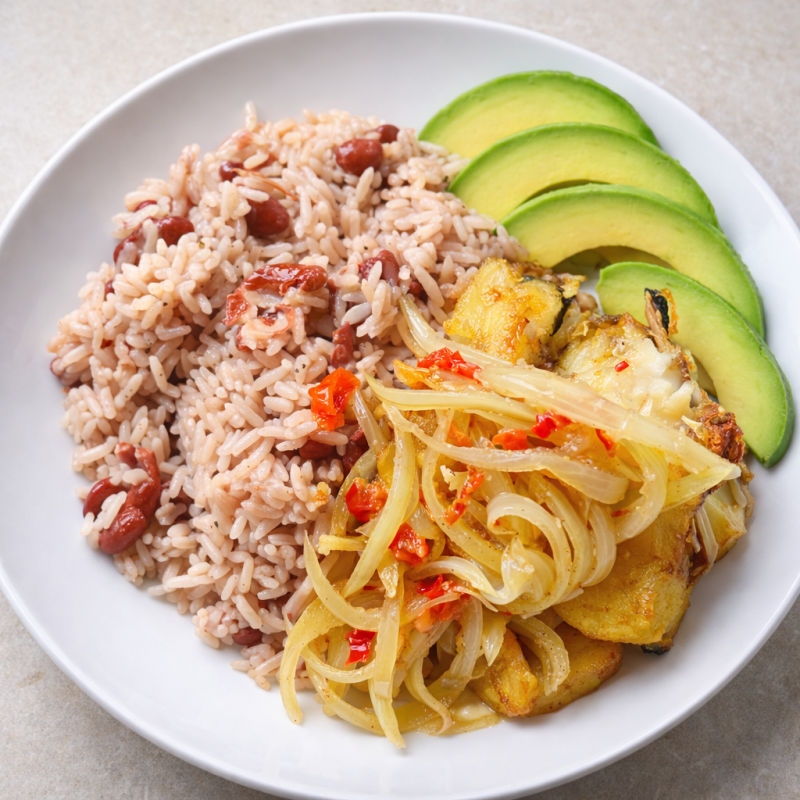 Morue à l’Oignon & accompagnement riz & haricots ,Jamaican Rice –