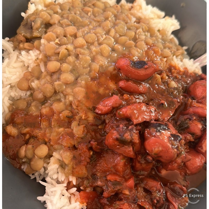 FRICASSÉE DE « CHATROU » (Poulpe)accompagnement  RIZ & LENTILLES OU HARICOTS