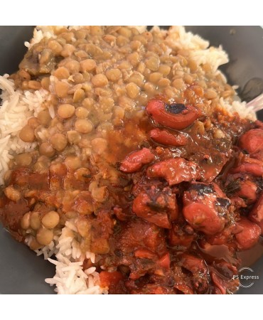FRICASSÉE DE « CHATROU » (Poulpe)accompagnement  RIZ & LENTILLES OU HARICOTS