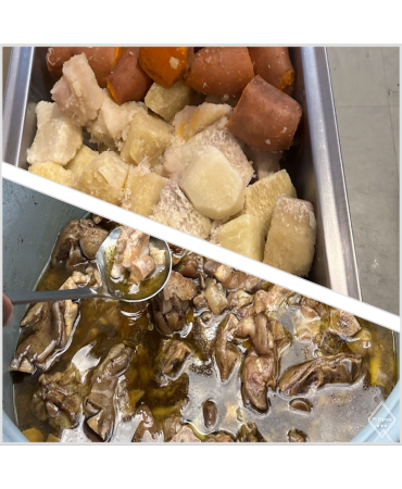 BLAFF DE PIEDS DE PORC : accompagnement (légumes « péyi » igname,banane plantain,banane verte,patate douce